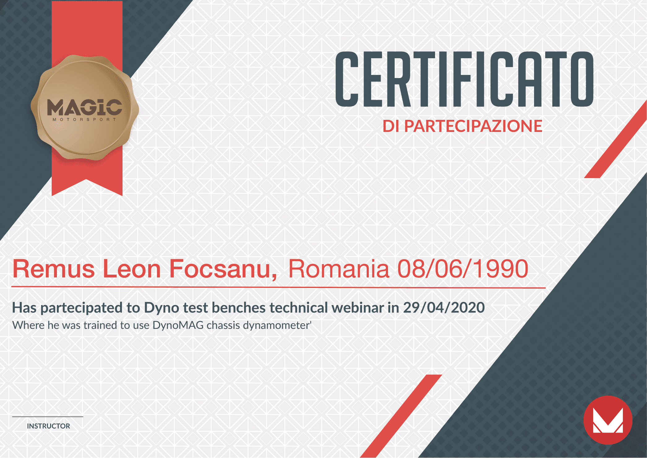 Certificat MagicMotorSport de participare la webinarul tehnic despre bancurile de probă dinamometrice