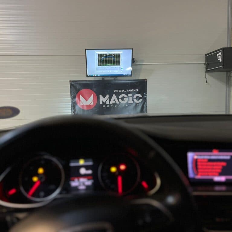 Vedere din interiorul unei mașini aflate pe stand, către monitorul care afișează curba de putere în timp real