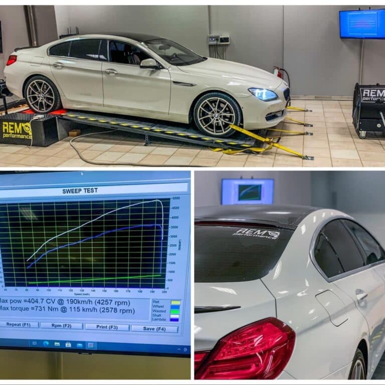 BMW Seria 6 Gran Coupé alb pe standul dyno, alături de graficul sweep test care indică 404,7 CP și 731 Nm